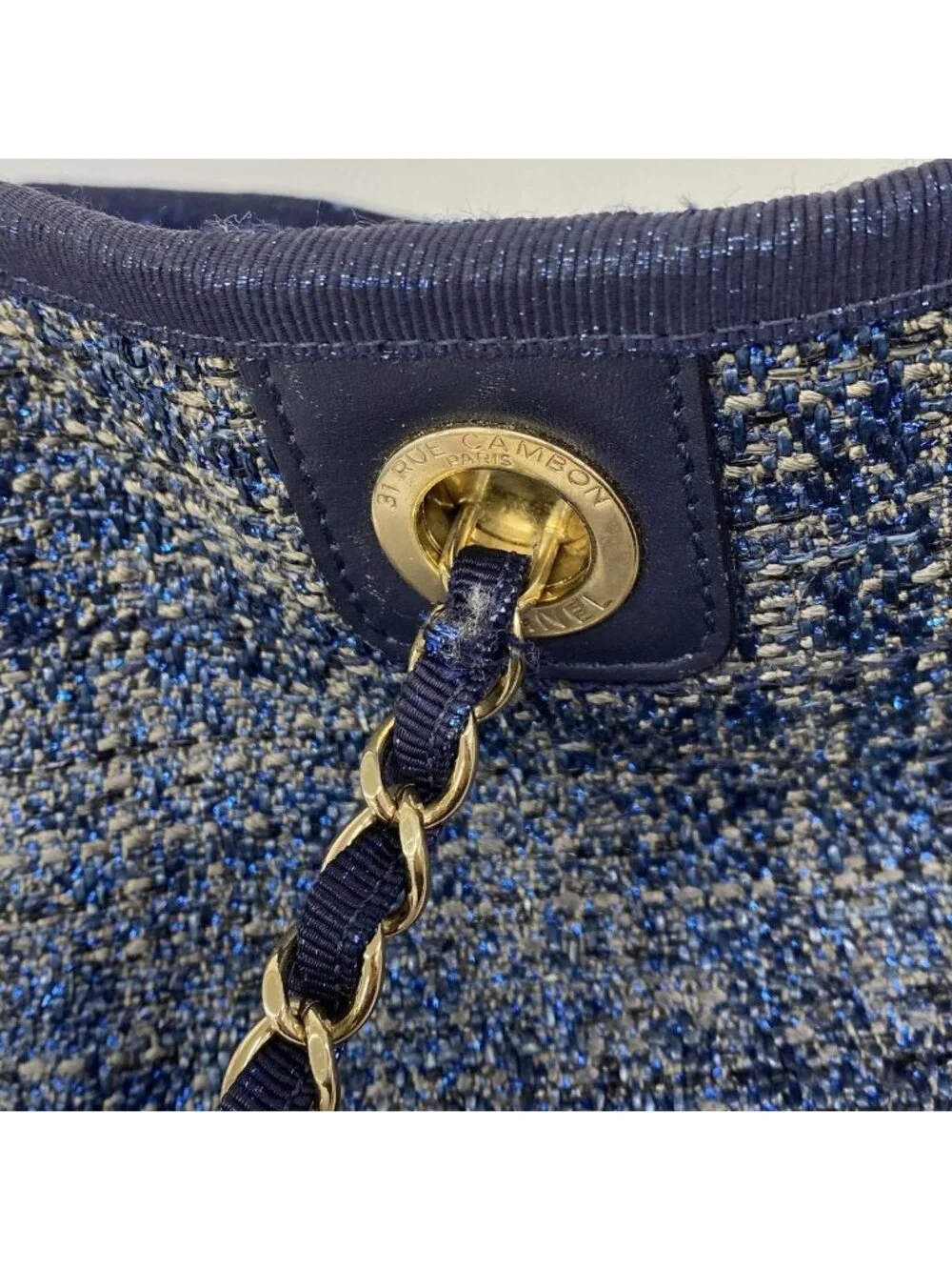 Chanel Tote Bag Deauville Tweed Blue Gold